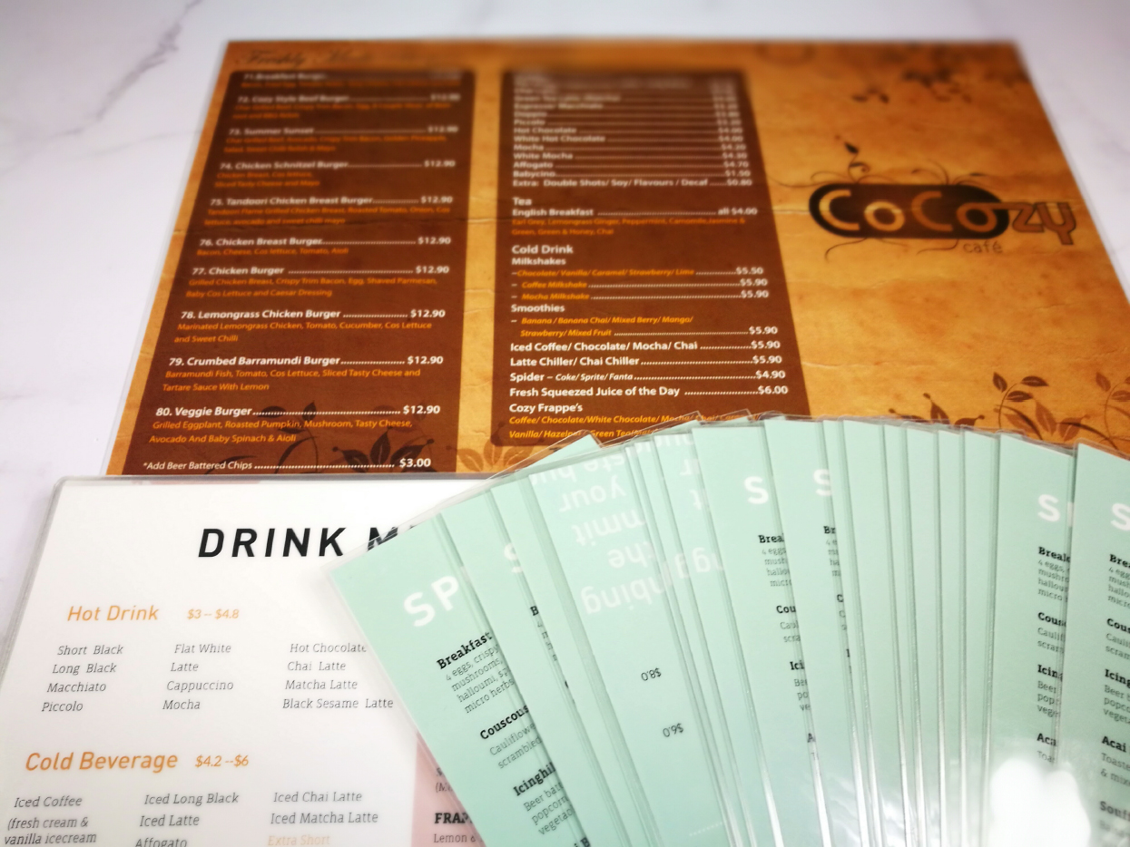Laminated menu with a glossy finish.