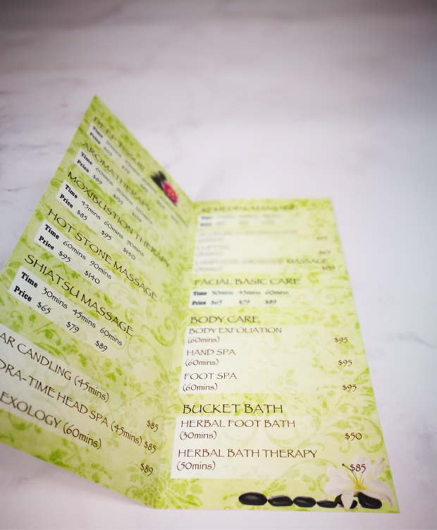 A4 half-fold takeaway menu displayed.